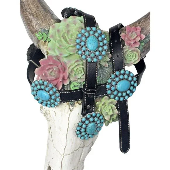 Southwestern Beaded Concho Faux Black Leather Belt Adjustable Western Turquoise - Picture 2 of 2